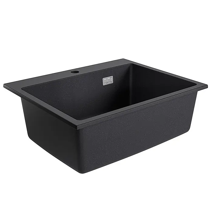 LOMAZOO Waschbecken LMZ-THIAGO - Mit Überlauf, Schwarz - Schwarze Granit-Einzelspüle mit Hahnloch.
