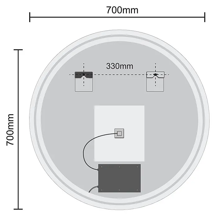 LOMAZOO Lichtspiegel LMZ-VEGAS - Durchmesser: 70 cm, Glänzend weiß - Runder Spiegel, Rückansicht mit Befestigungspunkten, Elektrik und 700mm Durchmesser.