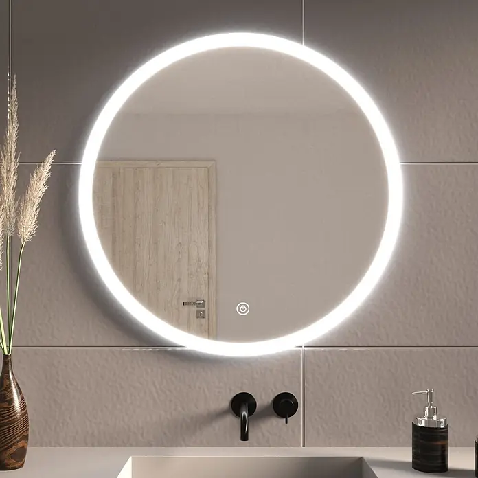 LOMAZOO Lichtspiegel LMZ-VEGAS - Durchmesser: 70 cm, Glänzend weiß - Runder LED-Spiegel mit beleuchtetem Rand und Touch-Steuerung über einem Waschbecken im Badezimmer.