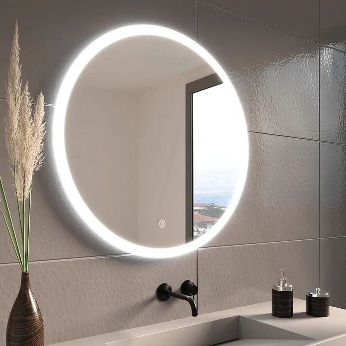 LOMAZOO Lichtspiegel LMZ-VEGAS - Durchmesser: 70 cm, Glänzend weiß - Runder, hinterleuchteter Spiegel mit Touch-Sensor über einem Waschbecken im modernen Bad.