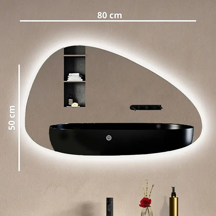 LOMAZOO Lichtspiegel LMZ-BILBAO - Glänzend weiß - Organisch geformter, beleuchteter 80x50 cm LED-Badezimmerspiegel.