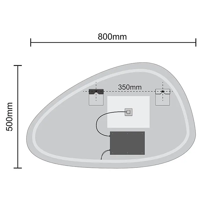 LOMAZOO Lichtspiegel LMZ-BILBAO - Glänzend weiß - Gebogener Spiegel, 800x500mm, mit sichtbaren internen Elektrokomponenten und 350mm auseinander liegenden Befestigungspunkten.