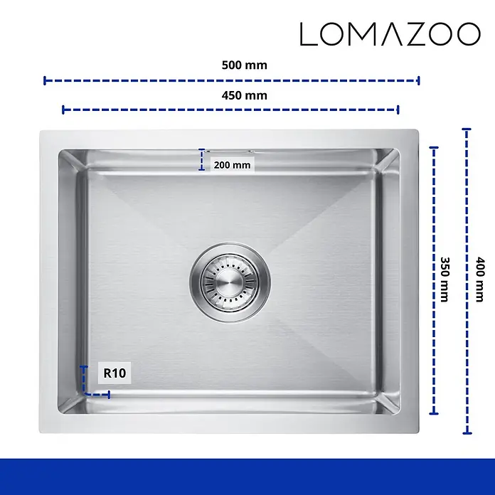 LOMAZOO Waschbecken LMZ-ORION - Mit Überlauf, Stahl - Rechteckige Edelstahl-Spüle mit einem Becken und Abfluss, Maße und Eckenradius R10 sind angegeben.