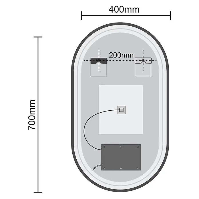 LOMAZOO Lichtspiegel LMZ-BERLIN - Gold - Technische Zeichnung einer 700x400mm ovalen Wandmontageeinheit mit Montagehalterungen 200mm auseinander und Elektroanschlüssen.