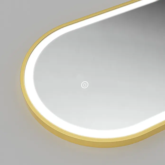 LOMAZOO Lichtspiegel LMZ-BERLIN - Gold - Goldgerahmter tropfenförmiger Spiegel mit integrierter LED-Beleuchtung und Touch-Power-Symbol.