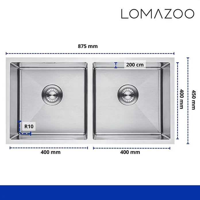 LOMAZOO Waschbecken LMZ-PHANTOM - Stahl - Doppel-Edelstahlspüle mit zwei gleichen Becken, R10-Ecken und Maßen (875x450mm Gesamt, 400x400mm Becken, 200cm Tiefe).