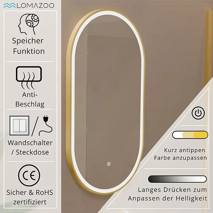 LOMAZOO Lichtspiegel LMZ-BERLIN - Gold - Ovaler LED-Spiegel mit Goldrahmen, mit Antibeschlag, Speicherfunktion und einstellbarer Lichtfarbe und Helligkeit.