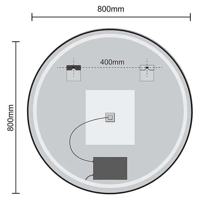 LOMAZOO Lichtspiegel ESS-BLACK80-LA - Durchmesser: 80 cm, Schwarz - Rückansicht eines 800mm Rundspiegels, zeigt 400mm Montageabstand und elektrische Komponenten.