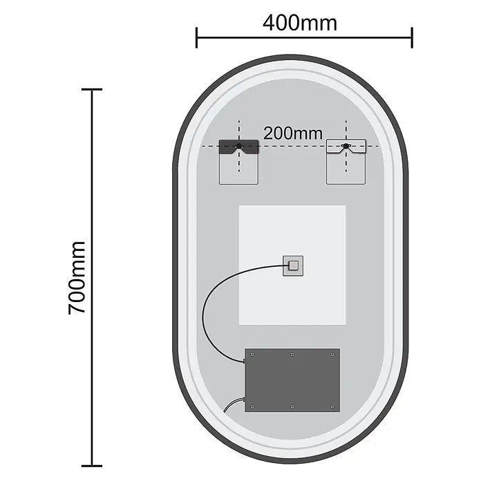 LOMAZOO Lichtspiegel LMZ-DORTMUND - Schwarz - Ovales Paneel (400x700mm) mit Innenverkabelung, Elektrobox und 200mm Montagepunkten.