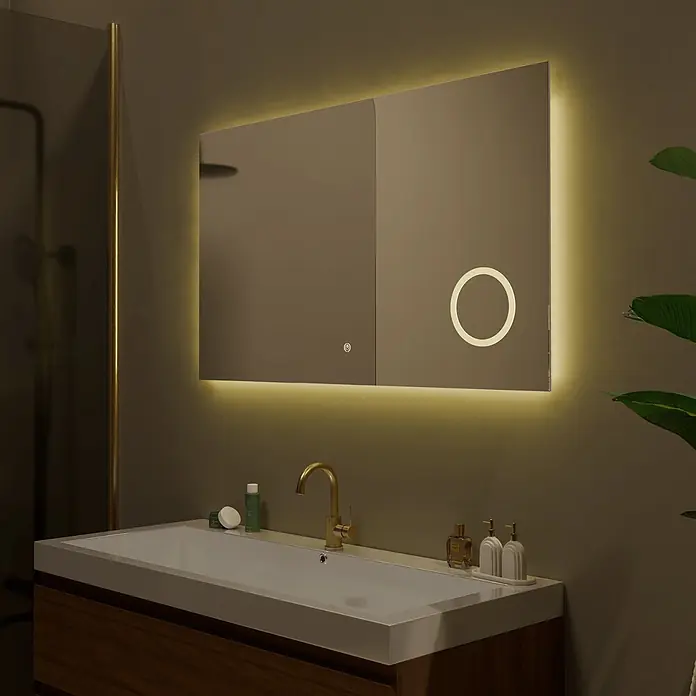 LOMAZOO Lichtspiegel LMZ-MARSEILLE - Glänzend weiß - Hintergrundbeleuchteter Badezimmer-Spiegelschrank mit integrierter Beleuchtung und beleuchtetem Kreis, über einem Waschbecken.