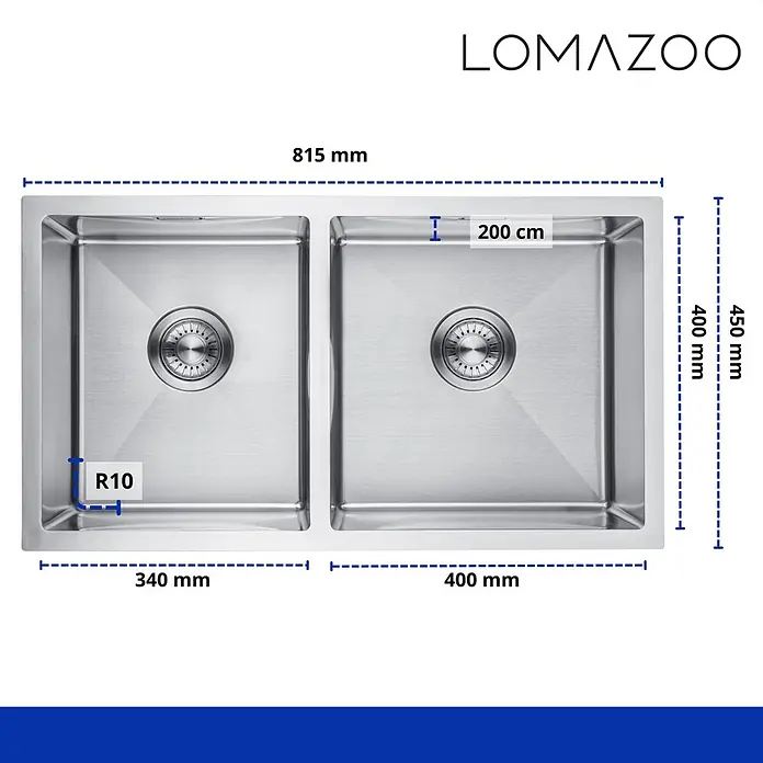 LOMAZOO Waschbecken LMZ-WINDSOR - B x L: 45 x 81,5 cm, Mit Überlauf, Stahl - Doppelspülbecken aus Edelstahl mit zwei Becken und R10-Ecken. Gesamtmaße 815x450mm, Beckentiefe 200mm.