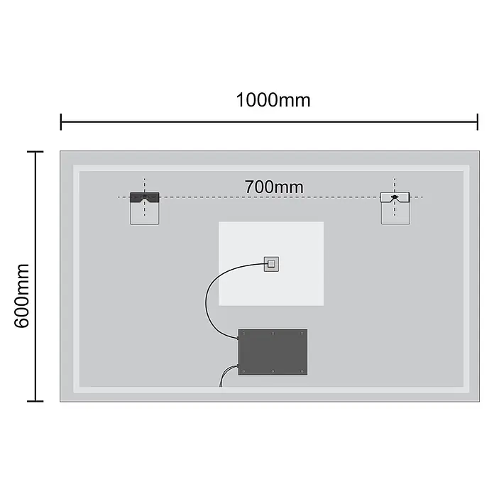 LOMAZOO Lichtspiegel LMZ-MARSEILLE - Glänzend weiß - Technische Rückansicht eines 1000x600mm Spiegels/Panels mit Befestigungspunkten, Stromanschluss und Steuerbox.