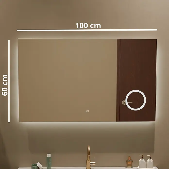 LOMAZOO Lichtspiegel LMZ-MARSEILLE - Glänzend weiß - Rechteckiger LED-Spiegelschrank, 100x60 cm, mit dunklem Holzteil und beleuchteten Kanten, über einem Waschbecken.
