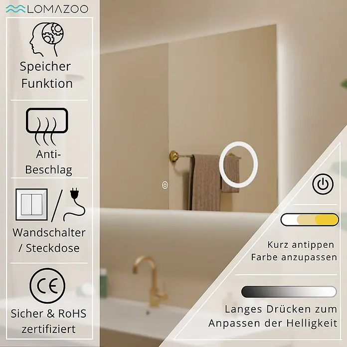 LOMAZOO Lichtspiegel LMZ-MARSEILLE - Glänzend weiß - Hinterleuchteter LED-Badezimmerspiegel mit Antibeschlag, Memory-Funktion und einstellbarer Farbe und Helligkeit über einem Waschbecken.