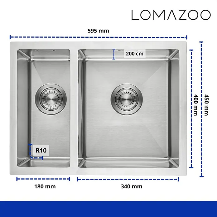 LOMAZOO Waschbecken LMZ-PROXIMA - Mit Überlauf, Stahl - Edelstahl-Doppelspüle, 595x450mm, Beckentiefe 200mm, R10 Ecken.