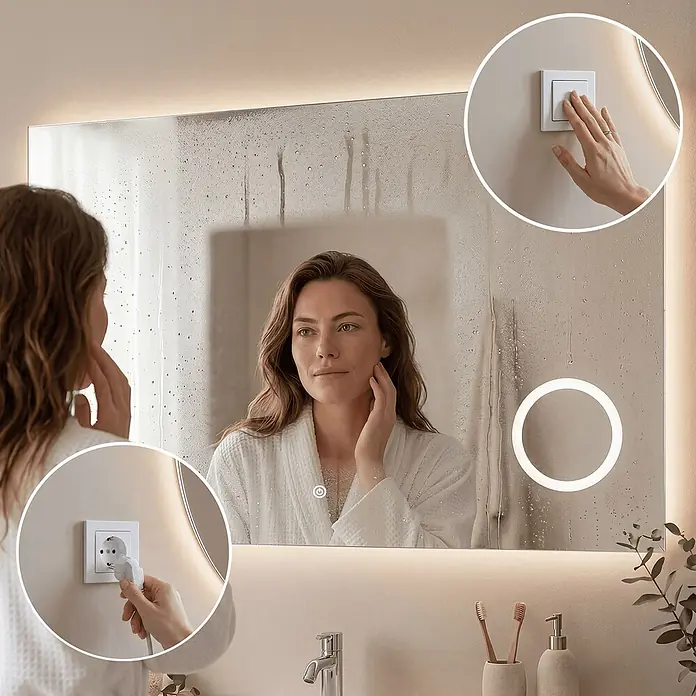 LOMAZOO Lichtspiegel LMZ-MARSEILLE - Glänzend weiß - Beleuchteter Badezimmerspiegel mit Anti-Beschlag-Funktion, integrierter Steckdose und Schalter, von einer Frau genutzt.