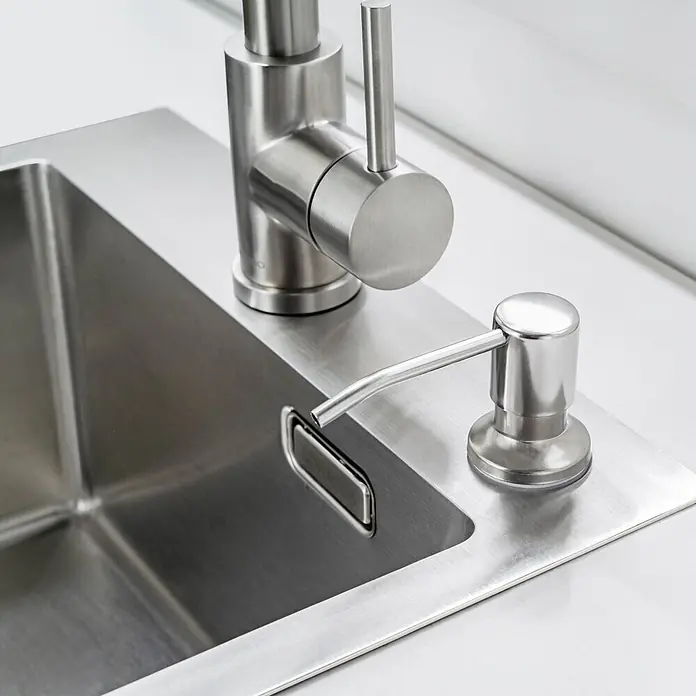 LOMAZOO Waschbecken LMZ-JACK - B x L: 34 x 45 cm, Mit Überlauf, Stahl - Küchenspüle aus gebürstetem Edelstahl mit passendem Wasserhahn und integriertem Seifenspender.