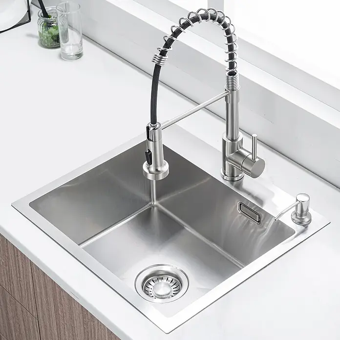 LOMAZOO Waschbecken LMZ-JACK - B x L: 34 x 45 cm, Mit Überlauf, Stahl - Spülbecken aus Edelstahl mit hoher Ausziehbrause und integriertem Seifenspender.
