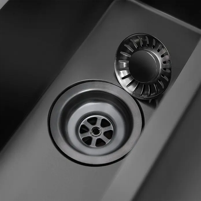 LOMAZOO Waschbecken LMZ-BELNEM - Mit Überlauf, Gunmetal - Spülbeckenabfluss aus Edelstahl mit separatem, passendem Sieb/Stopfen daneben.