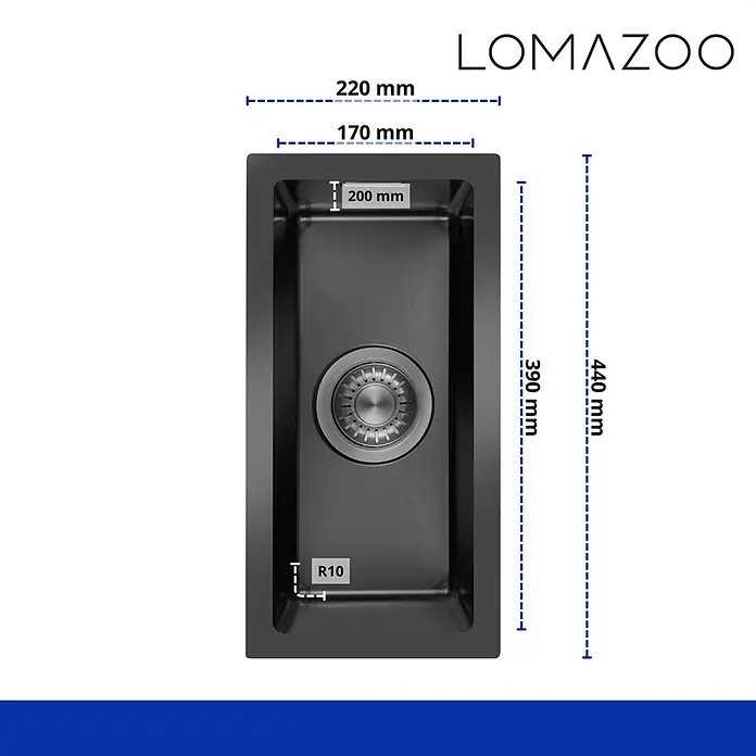 LOMAZOO Waschbecken LMZ-BELNEM - Mit Überlauf, Gunmetal - Schwarzes rechteckiges Spülbecken mit R10 Ecken, 220x440 mm groß und 200 mm tief.