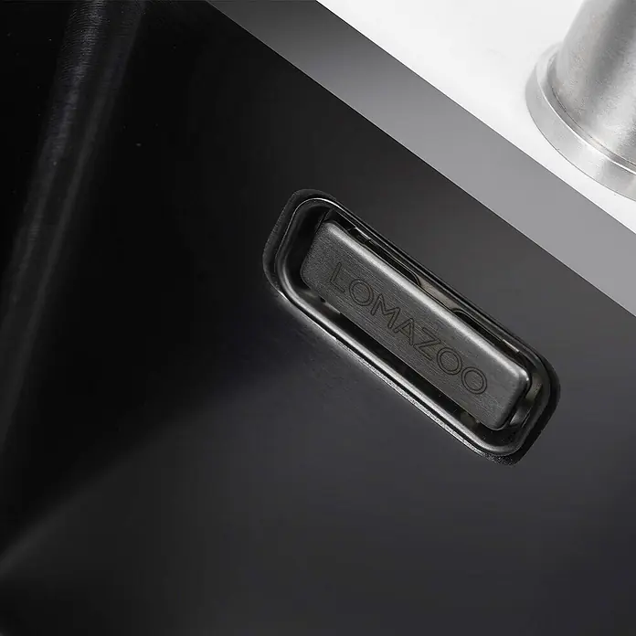 LOMAZOO Waschbecken LMZ-BELNEM - Mit Überlauf, Gunmetal - Dunkles Spülbecken aus gebürstetem Metall mit rechteckigem "LOMAZOO"-Ablaufdeckel.