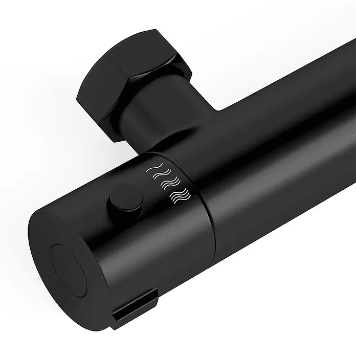 LOMAZOO UP-Brausearmatur 15CM-ZWART - Mattschwarz - Schwarze Metallstange mit Sechskantmutter, Knopf und Heizsymbolen für Thermostatsteuerung.