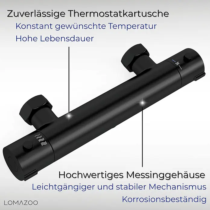 LOMAZOO UP-Brausearmatur 15CM-ZWART - Mattschwarz - Schwarze Thermostatarmatur aus Messing mit Temperaturregelung.