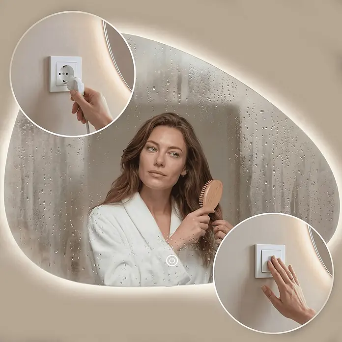LOMAZOO Lichtspiegel LMZ-BILBAO - Glänzend weiß - Intelligenter Badspiegel mit beleuchtetem Rahmen, Antibeschlagfunktion, integrierter Steckdose und Touch-Bedienung.