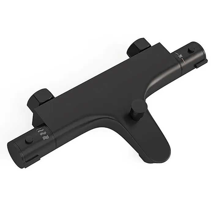 LOMAZOO Badewannenarmatur BADKR-ZWART - Mattschwarz - Mattschwarzer Thermostat-Duschmischer mit Temperatur- und Flusssymbolen.