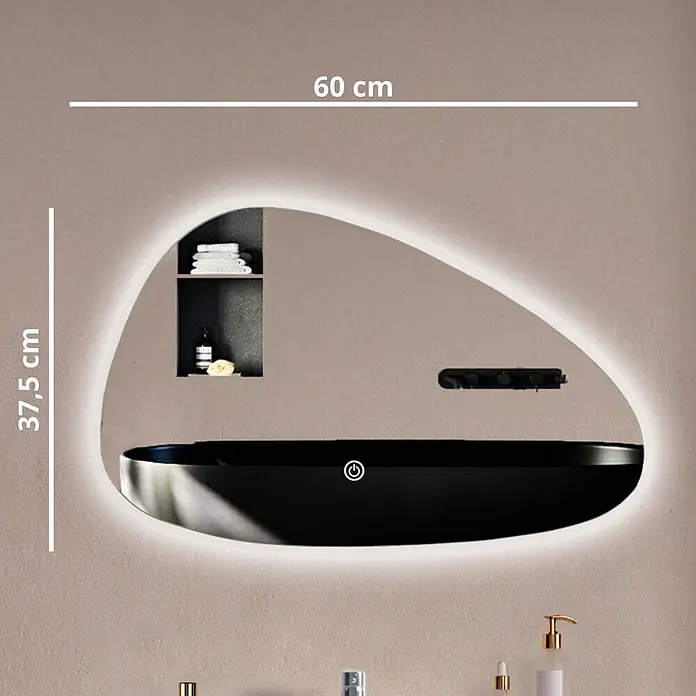 LOMAZOO Lichtspiegel LMZ-MALAGA - 60 x 80 cm, Glänzend weiß - Organisch geformter LED-Badspiegel (60x37,5 cm) mit integrierten Ablagen und Touch-Bedienung.