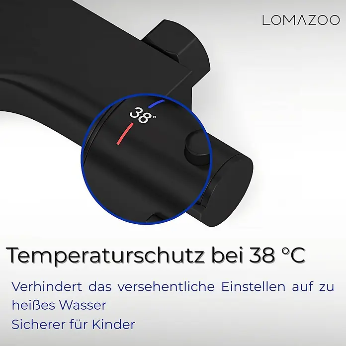 LOMAZOO Badewannenarmatur BADKR-ZWART - Mattschwarz - Detailaufnahme eines mattschwarzen Thermostatmischers mit 38°C Temperaturanzeige, der eine Verbrühschutzfunktion zeigt.