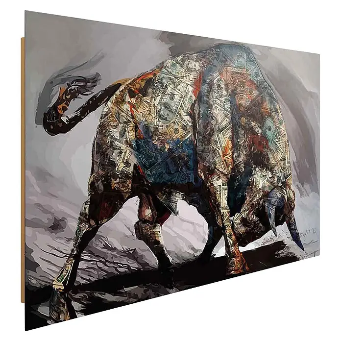 Dotcomcanvas Decopanel - Money Bull, B x H: 116 x 78 mm - Kunstdruck: stürmender Stier aus US-Dollar-Scheinen.