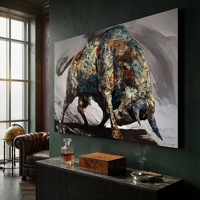 Dotcomcanvas Decopanel - Money Bull, B x H: 116 x 78 mm - Großformatiger Leinwanddruck mit einem Bullen aus Geldscheinen, an dunkler Wand.