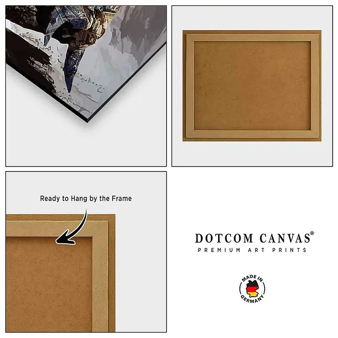 Dotcomcanvas Decopanel - Money Bull, B x H: 116 x 78 mm - Gerahmter Leinwanddruck mit abstrakter Kunst und brauner Holzrückseite, fertig zum Aufhängen gezeigt.