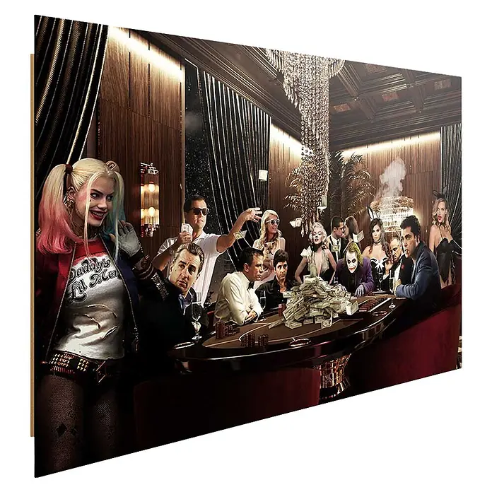 Dotcomcanvas Decopanel - Poker Night, B x H: 116 x 78 mm - Druck mit berühmten Charakteren wie Harley Quinn, Joker und DiCaprio beim Pokern in einem luxuriösen Raum voller Geld.