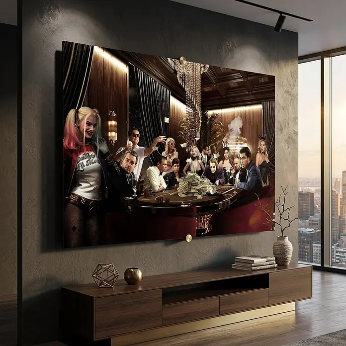 Dotcomcanvas Decopanel - Poker Night, B x H: 116 x 78 mm - Großformatiger gerahmter Kunstdruck mit Pokerszene, an der Wand über einer TV-Konsole in einem modernen Wohnzimmer montiert.