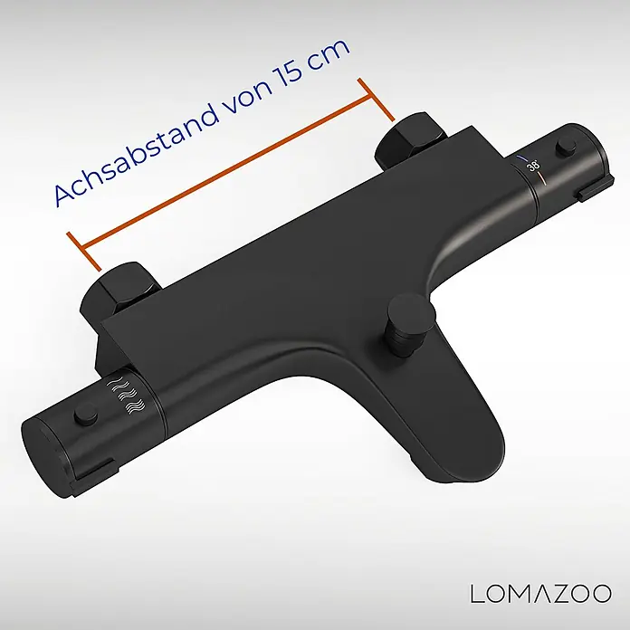 LOMAZOO Badewannenarmatur BADKR-ZWART - Mattschwarz - Mattschwarzer Duschthermostat mit 15 cm Achsabstand, Temperatur- und Durchflussreglern.