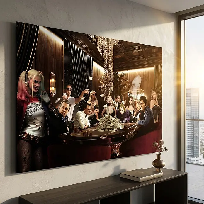 Dotcomcanvas Decopanel - Poker Night, B x H: 116 x 78 mm - Großformatiger gerahmter Leinwanddruck mit einer lebhaften Szene berühmter Filmcharaktere beim Pokern, an einer strukturierten Wand hängend.