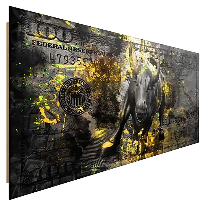 Dotcomcanvas Decopanel - Black Bull, B x H: 156 x 52 cm - Leinwanddruck eines stilisierten 100-Dollar-Scheins mit schwarzem Stier und gelb-goldenen Farbspritzern.