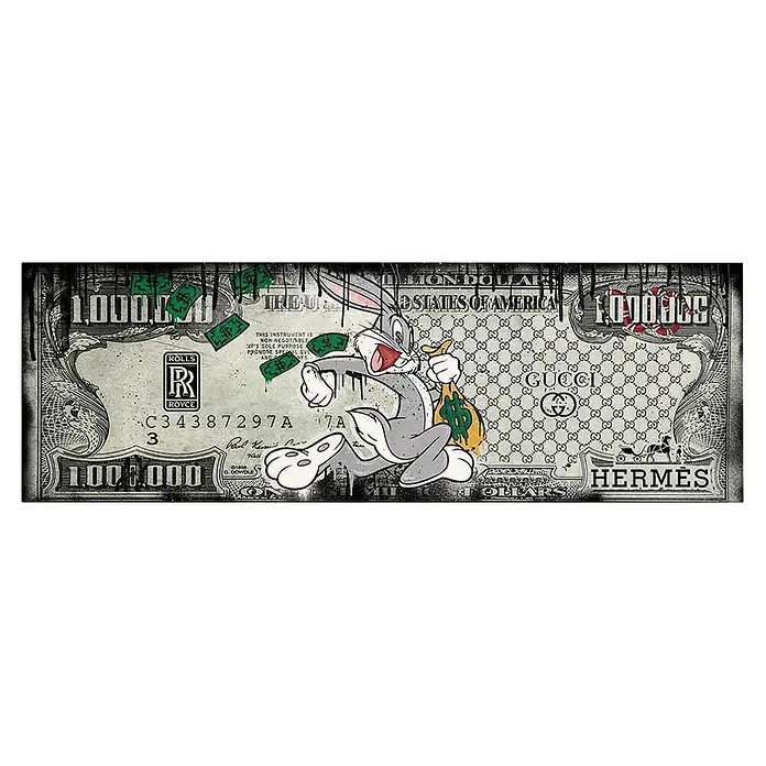 Dotcomcanvas Decopanel - Fast Bunny, B x H: 156 x 52 cm - Pop-Art-Druck einer Millionen-Dollar-Banknote mit Bugs Bunny, Luxuslogos (Gucci, Rolls Royce, Hermes) und Graffiti-Details.