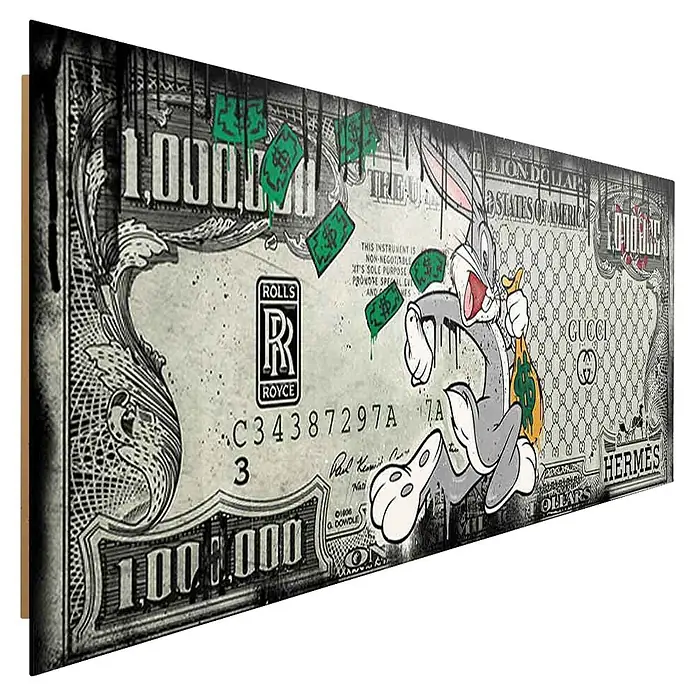 Dotcomcanvas Decopanel - Fast Bunny, B x H: 156 x 52 cm - Kunstwerk eines 1-Mio-Dollar-Scheins mit Bugs Bunny, Luxuslogos und grünen Geldtropfen.