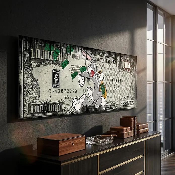 Dotcomcanvas Decopanel - Fast Bunny, B x H: 156 x 52 cm - Großformatiger Leinwanddruck eines stilisierten 1.000.000-Dollar-Scheins mit Bugs Bunny und Luxuslogos, an einer Wand.