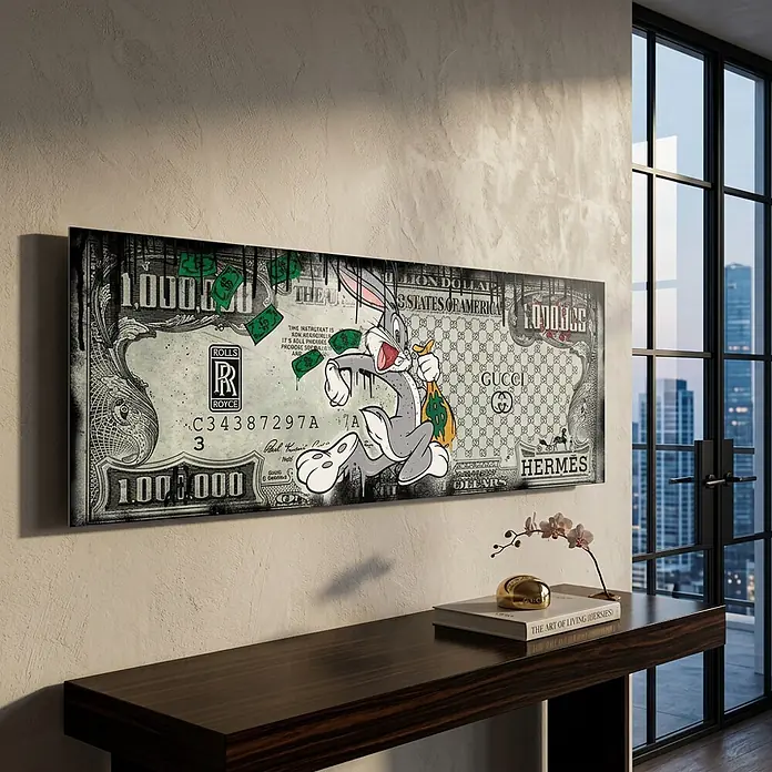 Dotcomcanvas Decopanel - Fast Bunny, B x H: 156 x 52 cm - Großes Leinwandbild mit Bugs Bunny auf einer Million-Dollar-Banknote und Luxuslogos, über einer Konsole hängend.