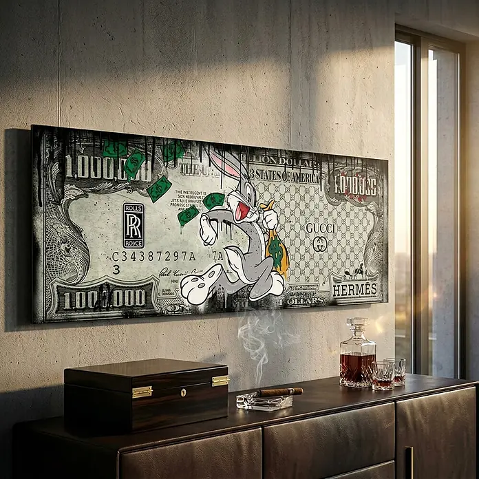 Dotcomcanvas Decopanel - Fast Bunny, B x H: 156 x 52 cm - Große Leinwandkunst mit Bugs Bunny auf einem Dollarnoten-Design und Luxusmarkenlogos, ausgestellt in einem modernen, luxuriösen Interieur.