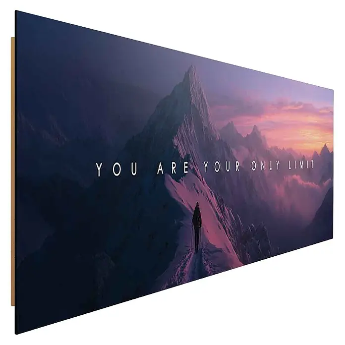 Dotcomcanvas Decopanel - You are your only limit, B x H: 156 x 52 cm - Rechteckiger Leinwanddruck mit lila-farbiger Berglandschaft, einsamer Person und dem Text "YOU ARE YOUR ONLY LIMIT".