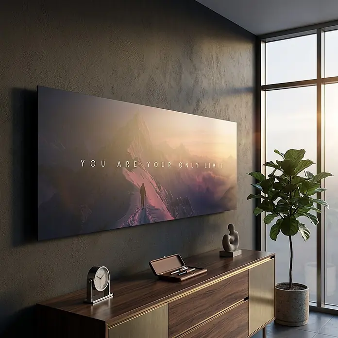 Dotcomcanvas Decopanel - You are your only limit, B x H: 156 x 52 cm - Großer, horizontaler Leinwanddruck: Berglandschaft mit Figur und 'YOU ARE YOUR ONLY LIMIT'-Text, an dunkler Wand montiert.