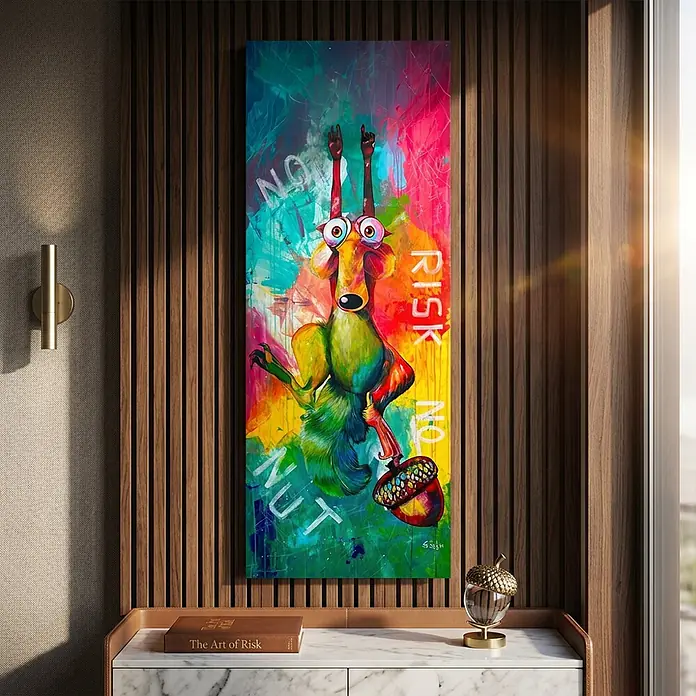 Dotcomcanvas Decopanel - No Risk No Nut, B x H: 52 x 156 cm - Lebendiges Pop-Art-Gemälde von Scrat mit Eichel und Text „NO RISK NO NUT“, an Holzwand über Konsole.
