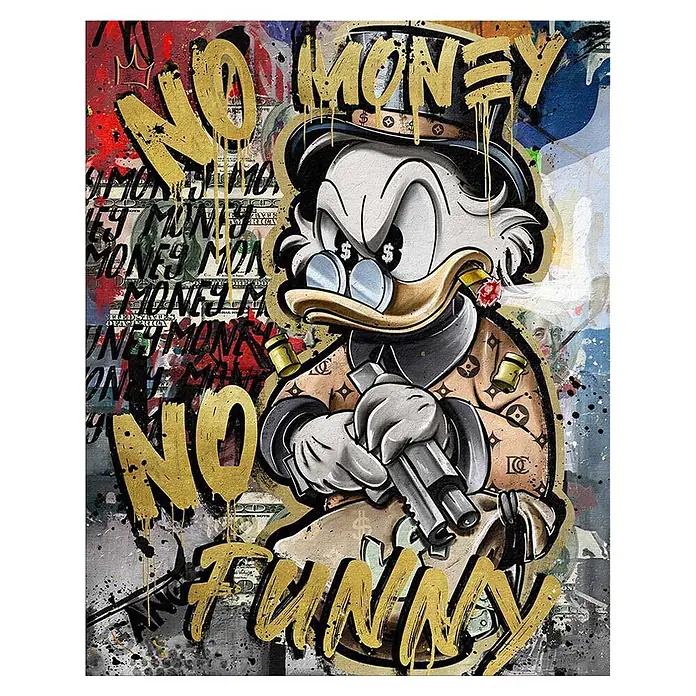 Dotcomcanvas Decopanel - No Money Duck, B x H: 40 x 50 cm - Graffiti-Kunstdruck: Ente mit Zylinder, Waffe, goldener Schrift 'NO MONEY NO FUNNY' und Geldsymbolen in den Augen.