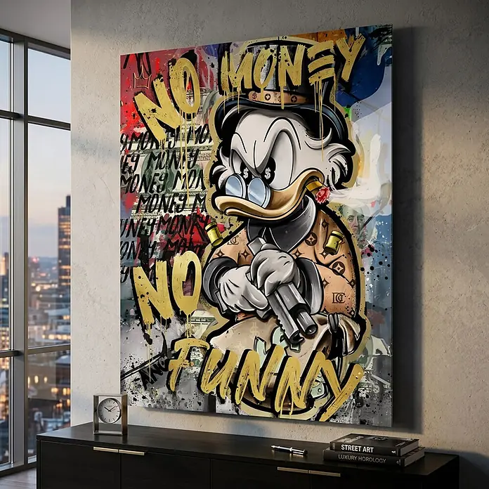 Dotcomcanvas Decopanel - No Money Duck, B x H: 40 x 50 cm - Großes Street-Art-Leinwandbild mit Zeichentrickente in Anzug, Pistole und 'NO MONEY NO FUNNY' Text, in modernem Raum.