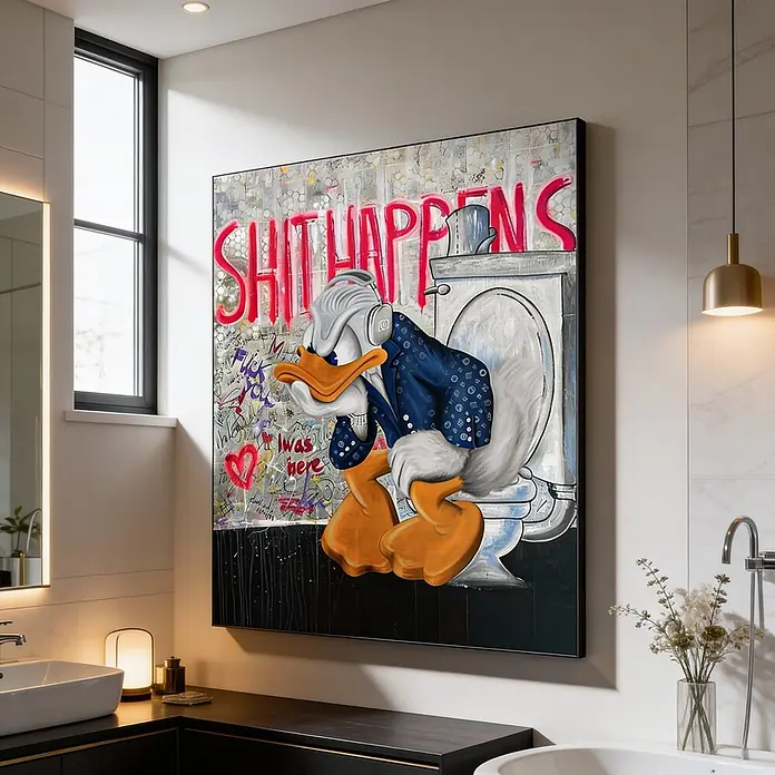 Dotcomcanvas Decopanel - Shit happens, B x H: 40 x 50 cm - Großes, buntes gerahmtes Kunstdruck von Donald Duck auf einer Toilette mit „SHIT HAPPENS“-Text, in einem modernen Badezimmer.